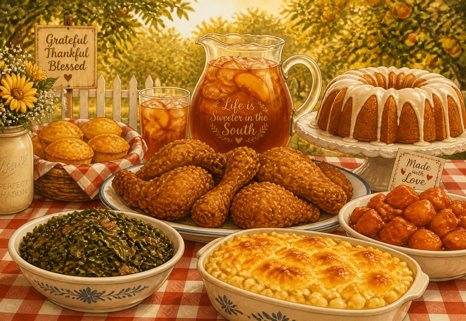 Southern feast of fried chicken, collard greens, baked macaroni and candied yams on a gingham tablecloth